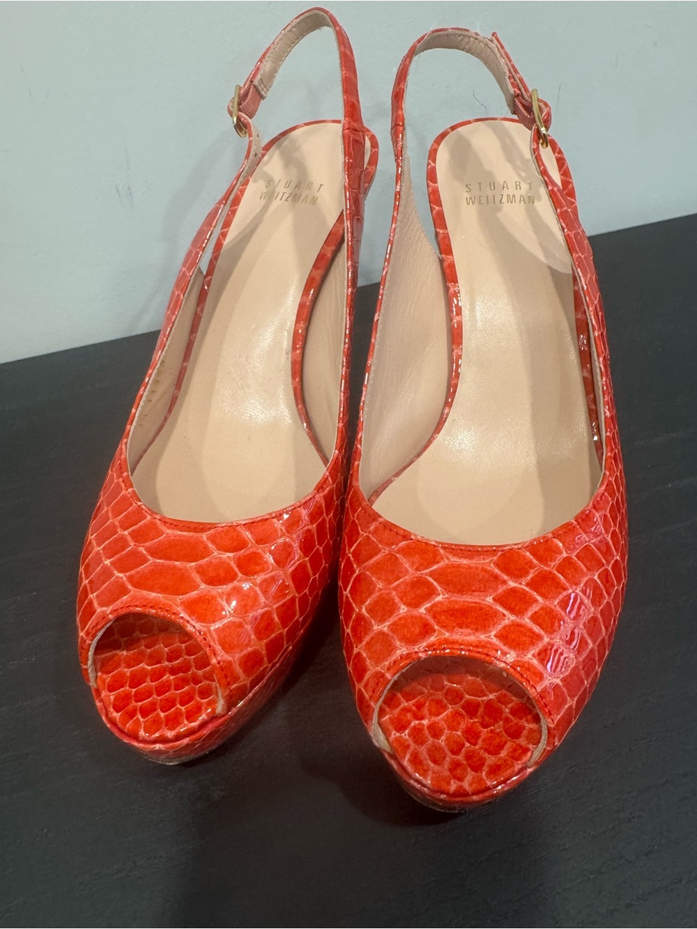 Stuart Weitzman Orange Python Embossed Leather Slingback Peep Toe Heels Size 9